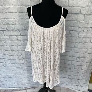 Express women M cold shoulder spaghetti strap white lace dress w/tan lining